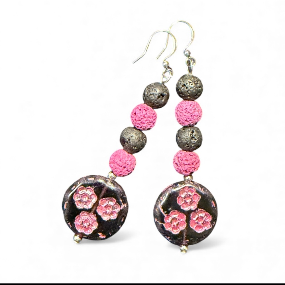 Handcrafted Pink and Black Floral Czech glass & lava rock Earrings